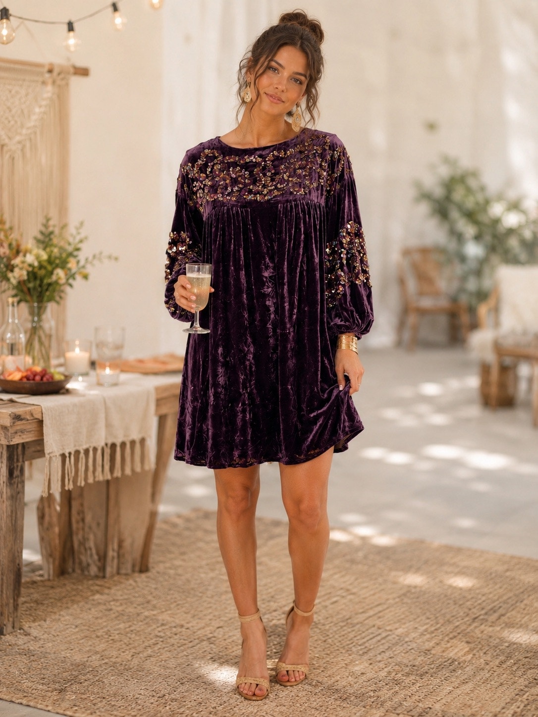 Nanette Lepore Purple Velvet Mini Dress Sequin Detail Balloon Sleeves Size M.